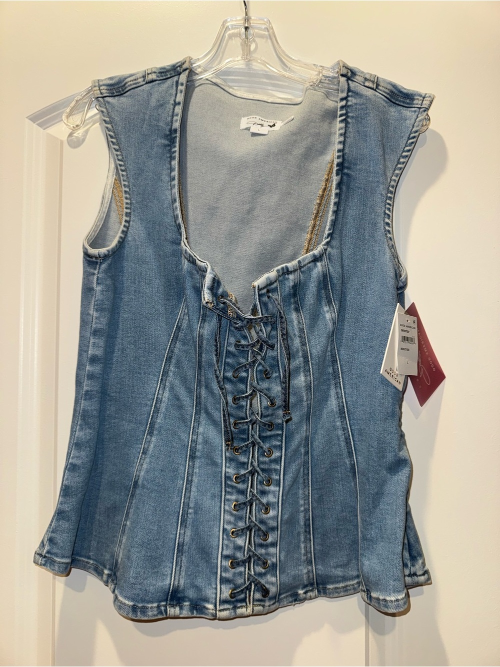 Good American Indigo Dolly Lace Up Peplum Top NWT - Picture 2 of 5